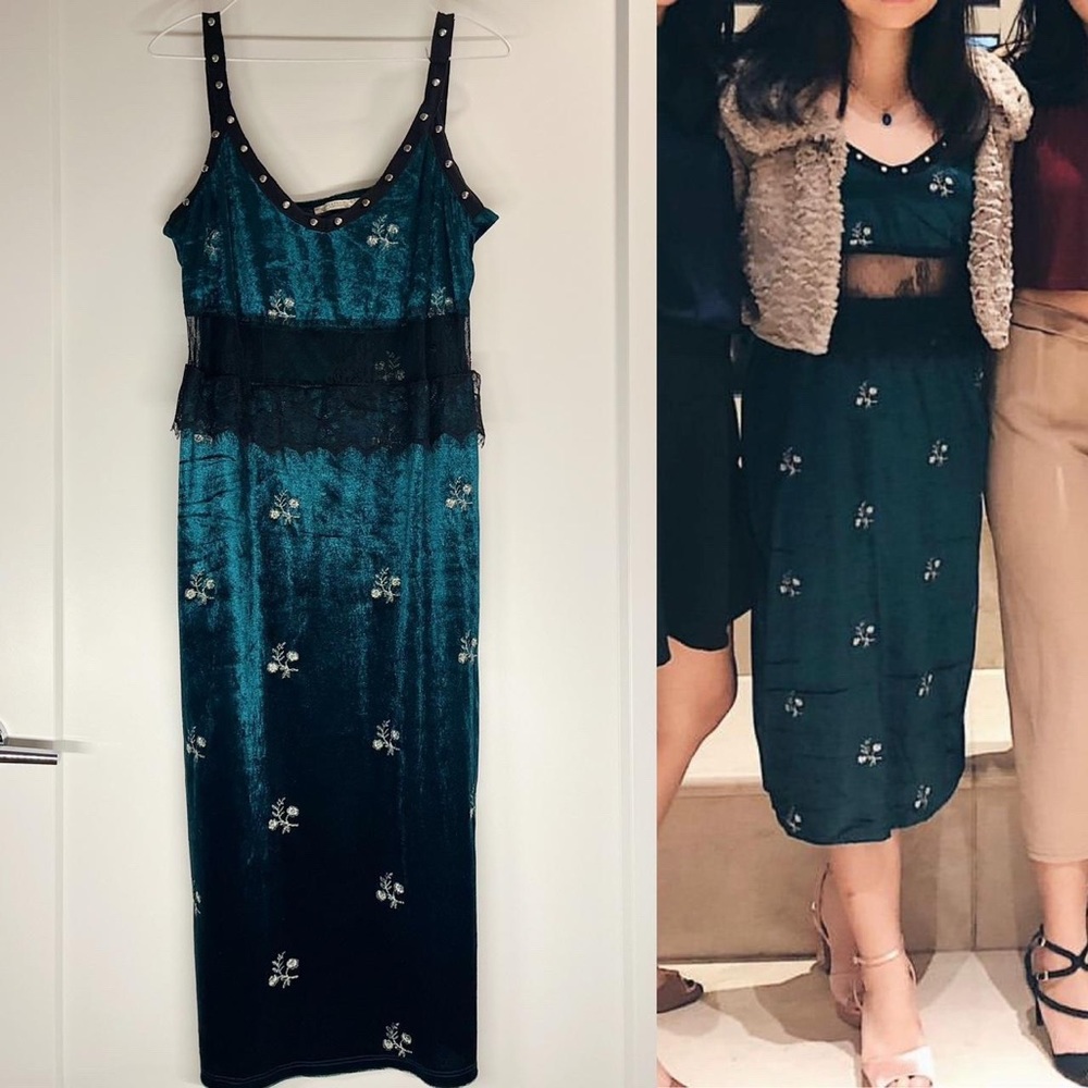 Zara Trafaluc Green Velvet Cocktail Slip Dress Embroidered Flowers